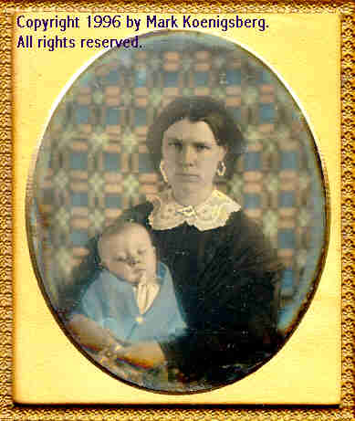 Sixth-plate daguerreotype of Mother and Baby with Blue Quilt